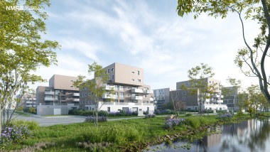 So wird das neue Wohnquartier in St. Pölten vom Mühlbach aus betrachtet, aussehen. Die 260 Wohneinheiten werden mit Sanitärtechnik und Bädern von Geberit ausgestattet. © Alpenland